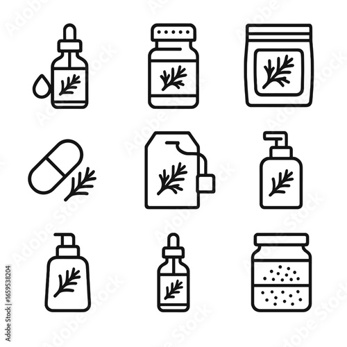 Dill and Vinegar Icons. Outline icon set of dill products: dill essential oil, dill seasoning bottle, dried dill pack, dill herbal
