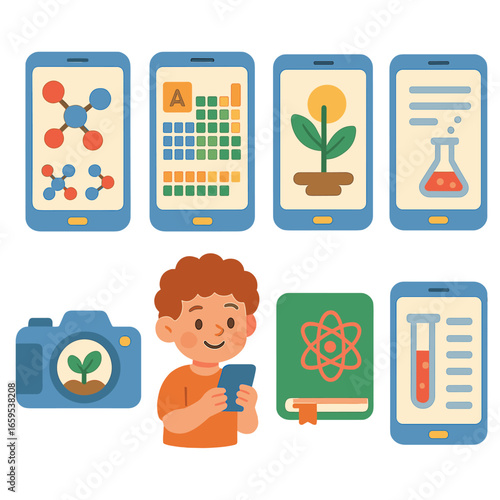 Scientific Exploration Apps. Flat vector mini-illustrations scientific exploration through mobile apps in