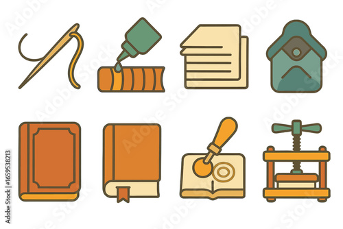 Bookbinding Tools Icons. Flat vector mini-illustrations bookbinding craftsmanship in colors children's illustrations: needle and