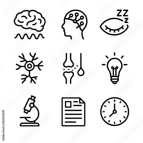Dream Science Icons. Outline icon set of dream science: brain waves, EEG, REM sleep, neuron, synapse, light bulb, microscope,