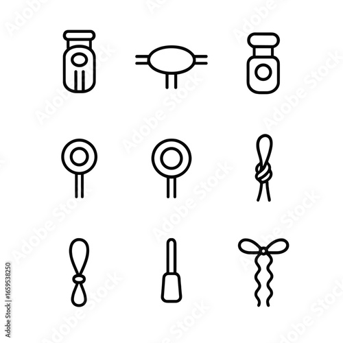 Drawstring Mechanisms Icons. Outline icon set of drawstring mechanisms: cord lock, toggle, stopper, eyelet, grommet, knot, loop,