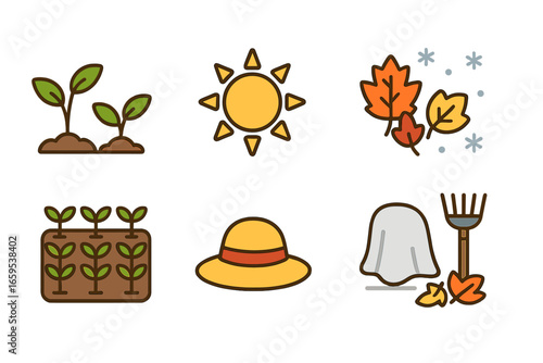 Seasonal Farming Icons. Flat vector mini-illustrations Seasonal farming changes in colors children's