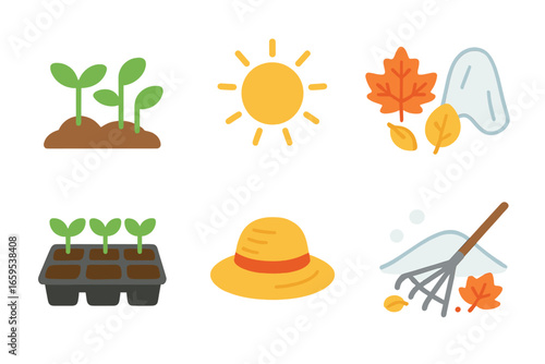 Seasonal Farming Icons. Flat vector mini-illustrations Seasonal farming changes in colors children's