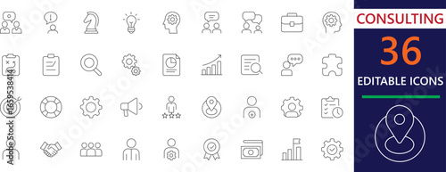 A professional stroke icon set designed for consulting, strategy, and business growth solutions. Perfect for presentations, reports, and digital projects to showcase success and efficiency.