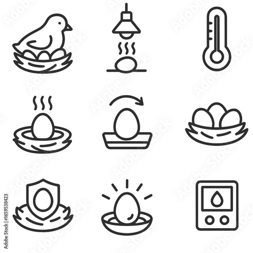 Egg Incubation Icons. Outline icon set of egg incubation: mother bird brooding, incubator heat lamp, temperature gauge, nest