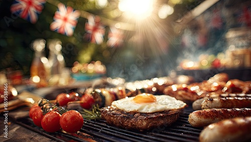 Backyard British BBQ feast under Union Jack flags
