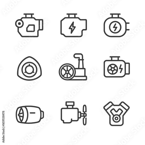 Engine Icons Set. Outline icon set of engine types: diesel engine, petrol engine, electric motor, rotary engine, steam engine,