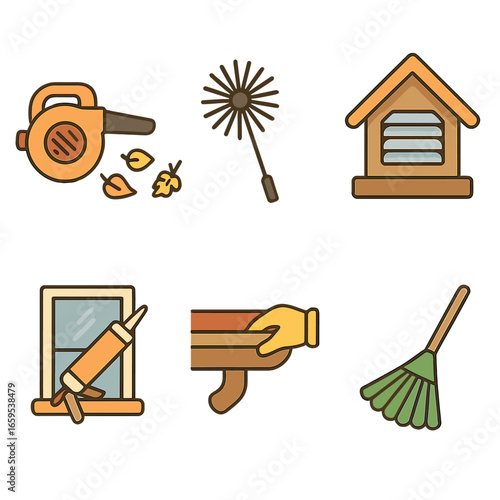 Seasonal Maintenance Icons. Flat vector mini-illustrations Seasonal home maintenance in colors children's