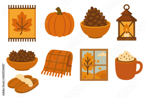 Seasonal Home Decor Icons. Flat vector mini-illustrations Rugs that match seasonal home decor in colors