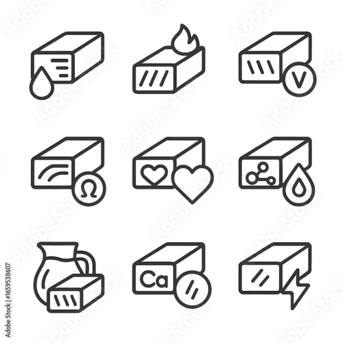Buttery Nutrition Icons. Outline icon set of buttery nutrition and health: fat content, calories, vitamins, omega-3, heart health,