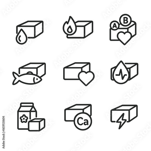 Buttery Nutrition Icons. Outline icon set of buttery nutrition and health: fat content, calories, vitamins, omega-3, heart health,