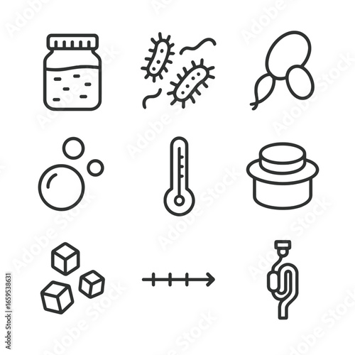 Fermentation Icons Grid. Outline icon set of fermentation process: fermentation jar, bacteria, yeast, fermentation bubbles,