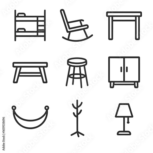 Cabin Furniture Icons. Outline icon set of cabin furniture: bunk bed, rocking chair, table, bench, stool, cabinet, hammock, coat