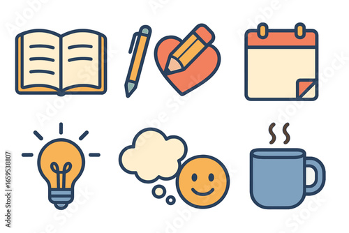 Self-Awareness Icons Grid. Flat vector mini-illustrations Journaling for self-awareness in colors children's