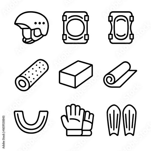 Foam Sports Gear Icons. Outline icon set of foam sports equipment: helmet padding, knee pads, elbow pads, foam roller, yoga block,