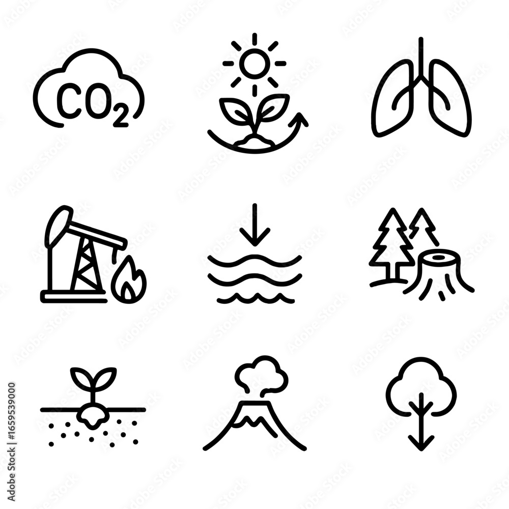 Fototapeta premium Carbon Cycle Icons. Outline icon set of carbon cycle elements: carbon dioxide, photosynthesis, respiration, fossil fuels, ocean