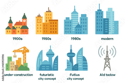 Skyline Evolution Illustrations. Flat vector mini-illustrations skyline changes over decades in colors
