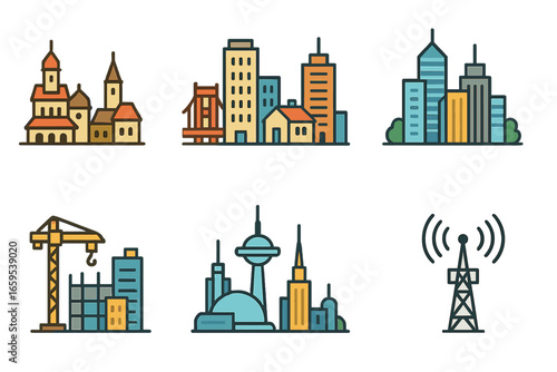 Skyline Evolution Illustrations. Flat vector mini-illustrations skyline changes over decades in colors