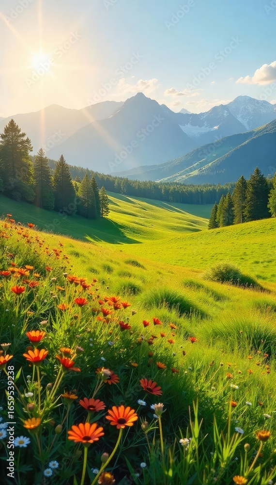 Fototapeta premium Golden Sunlight Bathes Serene Ranch Meadows Wildflowers, Distant Mountains, Breathtaking Idyllic Landscape Perfect for Rustic & Farm Projects