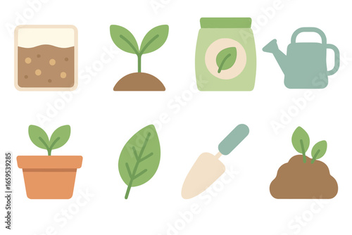 Garden Tools Icons. Flat vector mini-illustrations alkaline soil and plants in colors children's illustrations: soil sample, green