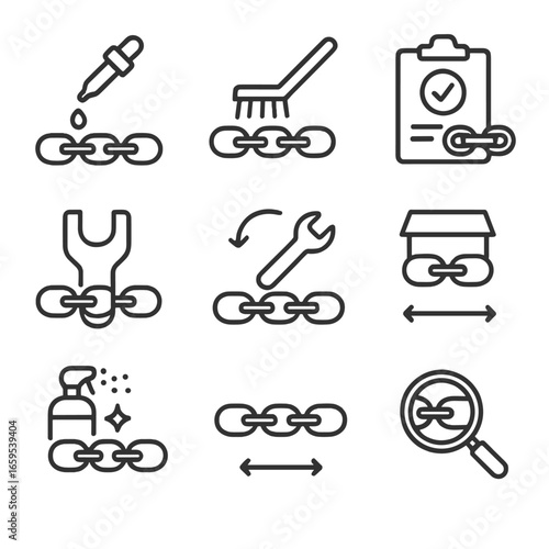 Chain Maintenance Icons. Outline icon set of chain inspection and maintenance: chain lubrication, chain cleaning, chain inspection
