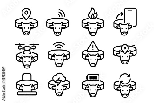 Smart Farm Collar Icons. Outline icon set of smart farm collars: location tracker, motion sensor, heat sensor,