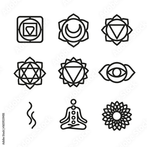 Chakra Icons Set. Outline icon set of yoga chakras: root chakra, sacral chakra, solar plexus, heart chakra, throat chakra, third