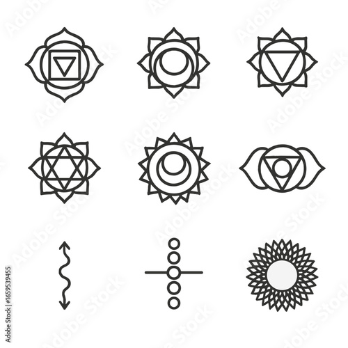 Chakra Icons Set. Outline icon set of yoga chakras: root chakra, sacral chakra, solar plexus, heart chakra, throat chakra, third