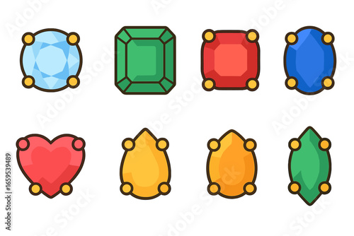 Gemstone Prong Varieties. Flat vector mini-illustrations gemstone prong styles in colors children's illustrations: diamond in