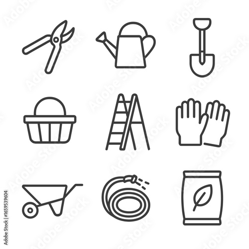 Cherry Tree Tools Icons. Outline icon set of cherry tree tools: pruning shears, watering can, shovel, harvesting basket, ladder,