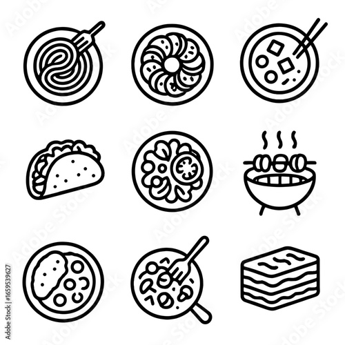 Global Cuisine Icons. Outline icon set of savory cuisines: Italian pasta, French ratatouille, Japanese miso soup, Mexican taco,