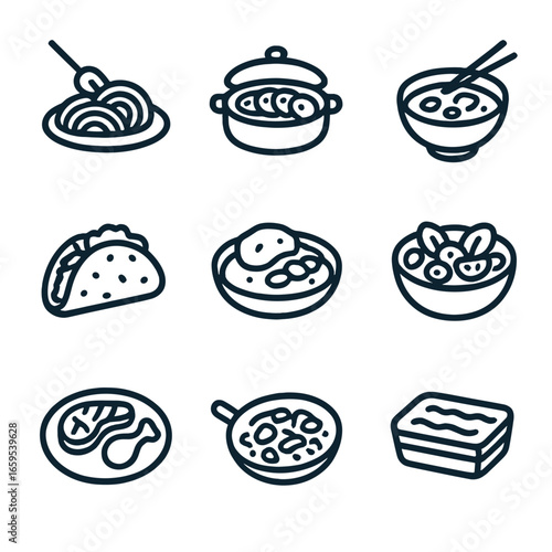 Global Cuisine Icons. Outline icon set of savory cuisines: Italian pasta, French ratatouille, Japanese miso soup, Mexican taco,