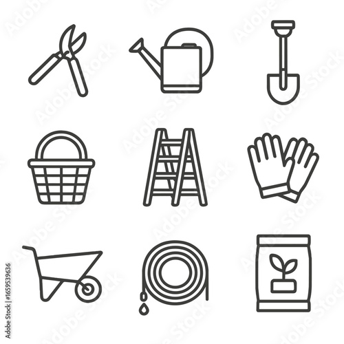 Cherry Tree Tools Icons. Outline icon set of cherry tree tools: pruning shears, watering can, shovel, harvesting basket, ladder,