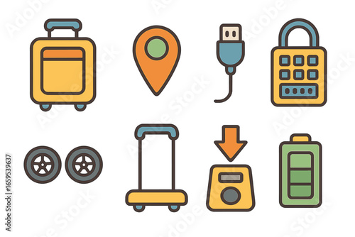 Smart Luggage Icons. Flat vector mini-illustrations Smart luggage in colors children's illustrations: smart