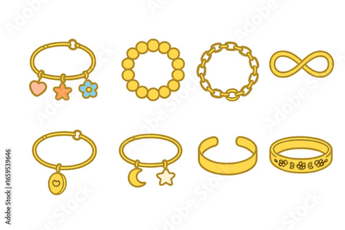 Children's Bracelet Collection. Flat vector mini-illustrations white gold bracelets in colors children's illustrations: charm