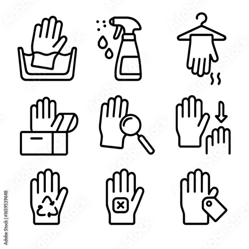 Glove Care Icons. Outline icon set of glove care: washing, disinfecting, drying, storing, inspecting, replacing, recycling,