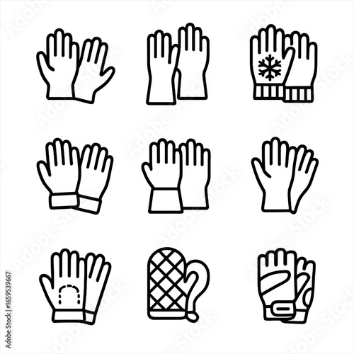 Glove Icon Collection. Outline icon set of gloves types: latex gloves, rubber gloves, winter gloves, gardening gloves, welding