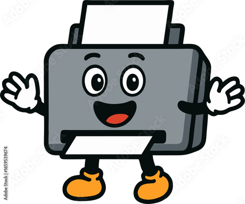 Cute cartoon printer mascot with smiling happy face, cheerful expression, open arms and friendly look, isolated on white background, perfect for education and office concept.