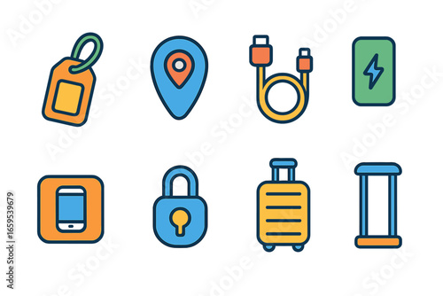 Smart Luggage Accessories. Flat vector mini-illustrations Smart luggage accessories in colors children's