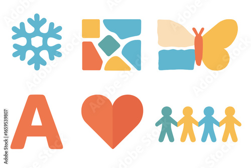 Children's Paper Creations. Flat vector mini-illustrations art class cuts in colors children's illustrations: paper snowflake,