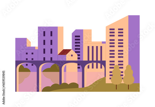 Geometric city landscape in morning light. Cityscape with high rise houses, skyscrapers, urban residential buildings, bridge and roads. Town architecture. Flat isolated vector illustration on white