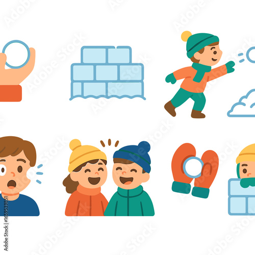 Snowball Battle Icons. Flat vector mini-illustrations snowball games in colors children's illustrations: