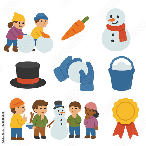 Snowman Building Fun. Flat vector mini-illustrations snowman-building contest and snow activities in colors