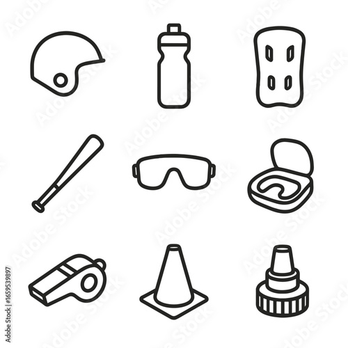 Hard Plastic Sports Icons. Outline icon set of hard plastic sports equipment: helmet shell, water bottle, shin guard, plastic bat,