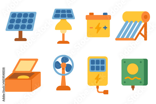 Solar Gadget Icons. Flat vector mini-illustrations Solar-powered home gadgets in colors children's