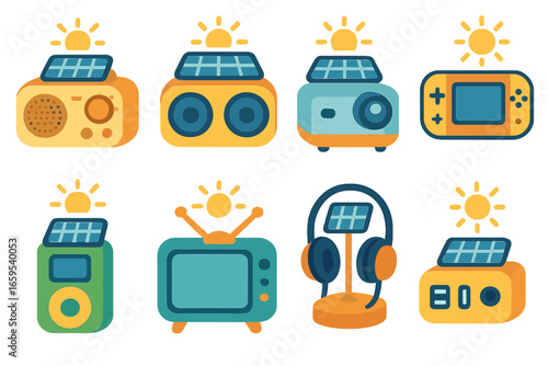 Solar-Powered Fun Gadgets. Flat vector mini-illustrations Solar-powered entertainment devices in colors