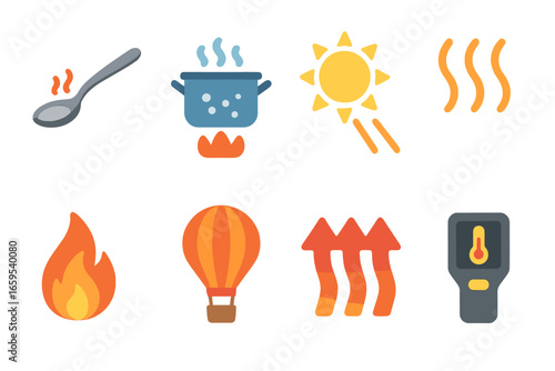 Heat Transfer Icons. Flat vector mini-illustrations heat transfer methods in colors children's illustrations: conduction (metal