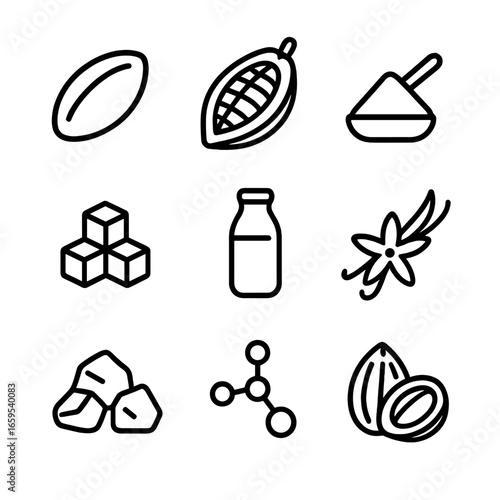Chocolate Ingredients Icons. Outline icon set of chocolate ingredients: cocoa bean, cocoa pod, cocoa powder, sugar, milk, vanilla