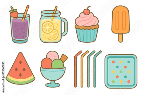 Spa Party Treats. Flat vector mini-illustrations spa party treats in colors children's illustrations: fruit