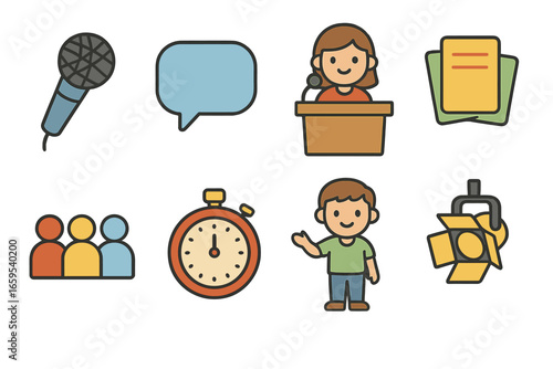 Speech Practice Icons. Flat vector mini-illustrations Persuasive speech practice in colors children's